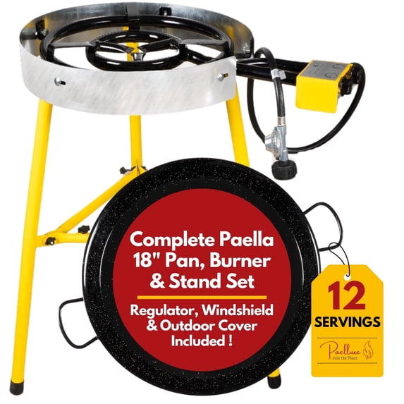 Paella Burner and Stand Set 12 Servings, 18 Inch Paella Pan, Dual Propane Outdoor Stove with Stand & Regulator, Portable Gas Cooker for Camping Crawfish Boil Cooking Outdoor, Paellera Propano