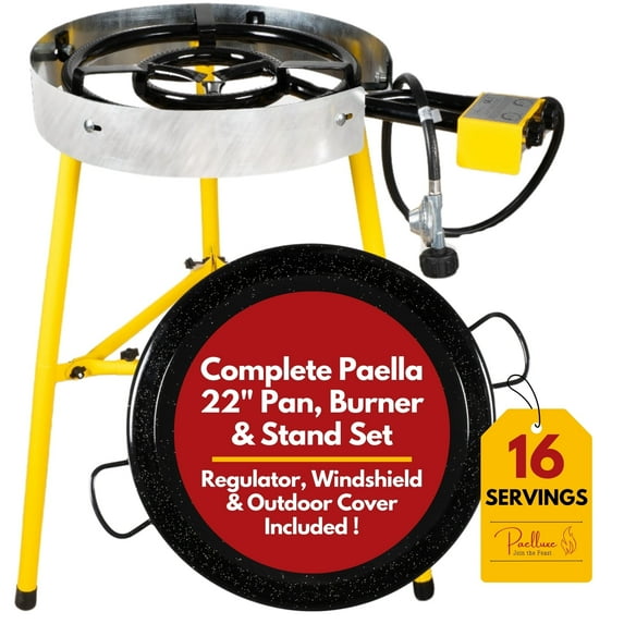 Paella Burner and Stand Set 16 Servings, 22 Inch Paella Pan, Dual Propane Outdoor Stove with Stand & Regulator, Portable Gas Cooker for Camping Crawfish Boil Cooking Outdoor, Paellera Propano