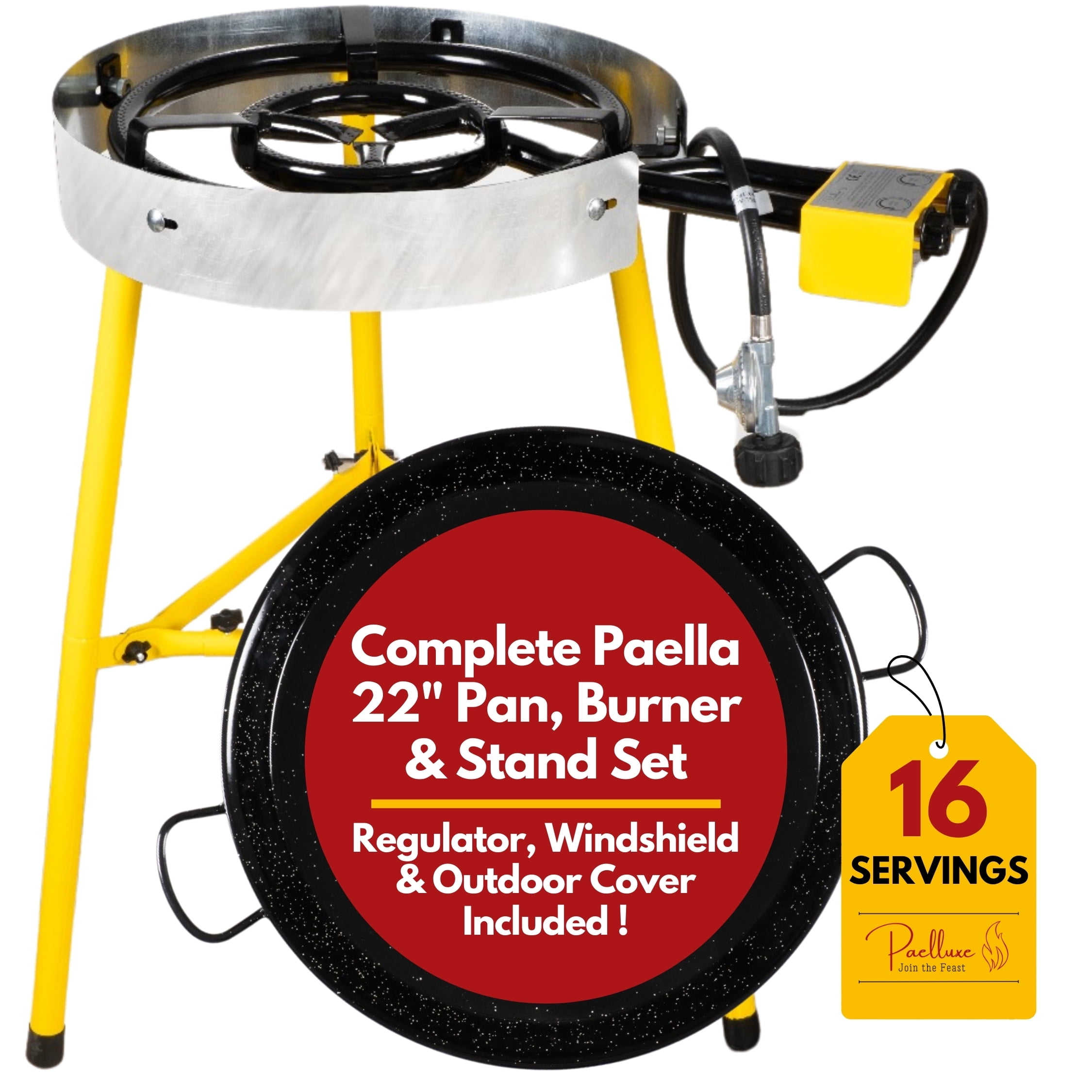 22-Inch Black and Yellow Dual Burner Paella Pan Set
