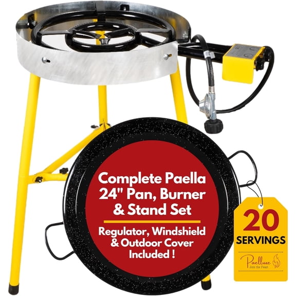 Paella Burner and Stand Set 20 Servings, 24 Inch Paella Pan, Dual Propane Outdoor Stove with Stand & Regulator, Portable Gas Cooker for Camping Crawfish Boil Cooking Outdoor, Paellera Propano