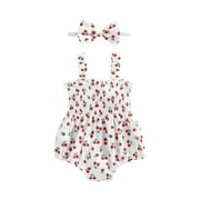 PaerPade Baby Girl 2Pcs Summer Outfits,0 3 6 12 18 Months Sleeveless Cherry/Carrot/Tree Print Romper with Headband