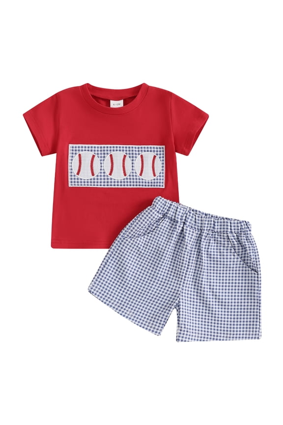 Baby Toddler Boys Shorts Set, 6 12 18 24 Months 2T 3T Short Sleeve Embroidery Baseball T-shirt with Plaid Shorts Summer 2-piece Outfit