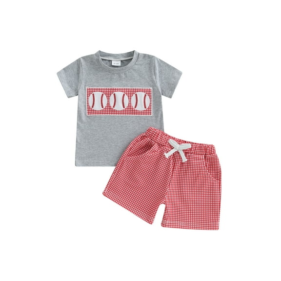 PaerPade Baby Toddler Boys Shorts Set, 6 12 18 24 Months 2T 3T Short Sleeve Embroidery Baseball T-shirt with Plaid Shorts Summer 2-piece Outfit