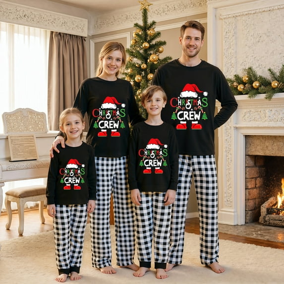 PaerPade Family Matching Christmas Pajamas Set Letter Print Tops Plaid Pants Holiday Sleepwear for Dad Mom Kids PJs