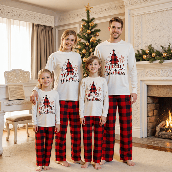 PaerPade Family Matching Christmas Pajamas Set Tree Letter Plaid Print Holiday Pajamas Sleepwear