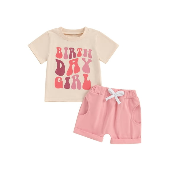 PaerPade Kids Baby Girls Summer Shorts Set, 6 12 18 24 Months 2T 3T 4T Short Sleeve Crew Neck Letters Print T-shirt with Shorts Summer Outfit