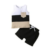 PaerPade Toddler Baby Boys Summer 2PCS Clothes Set, Kids Boys Sleeveless Patchwork Crew Tank Tees + White Straps Short Pants Outfit, 3-24 Months 2-3 Years