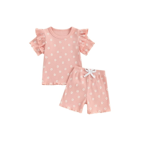 PaerPade Toddler Girls Summer Shorts Sets,6 12 18 24 Months 2T 3T 4T Short Sleeve Crewneck Ruffle Floral Print Tops Shorts Sets