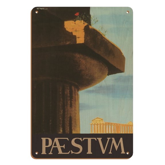 Paestum Italy - Ancient Greek Temples - Vintage Travel Poster by Virgilio Retrosi 1950 - 8 x 12 inch Vintage Wood Art Sign