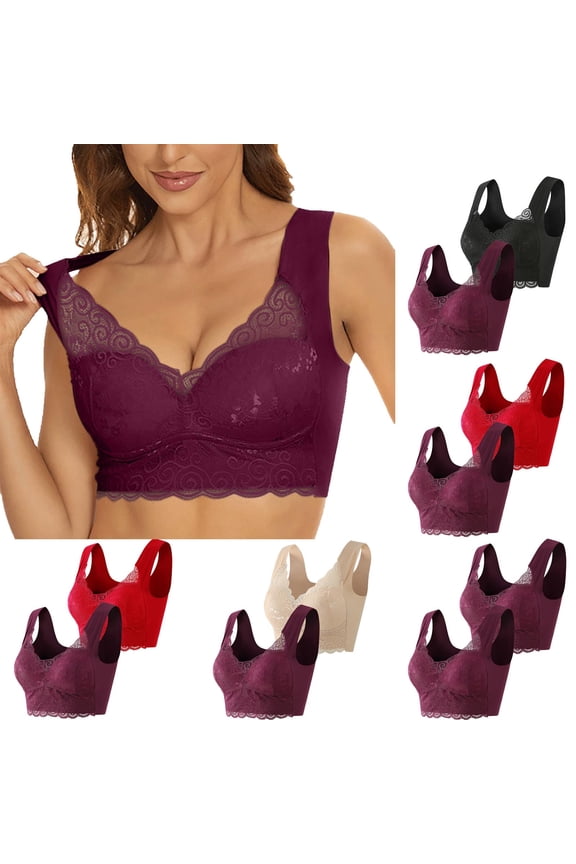 2 PC Longline Bras for Women Plus Size Lace Patchwork Pullover Bralettes Light Lift Push Up Wireless Bra Red M