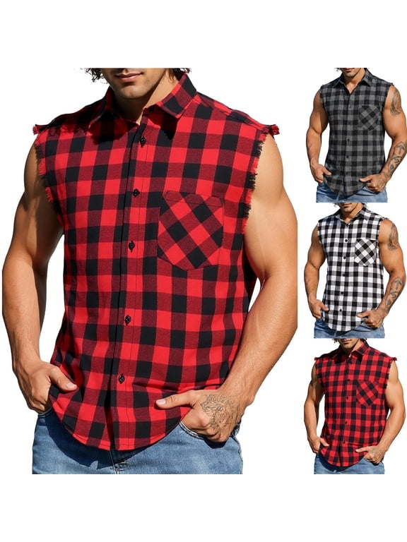 Big and Tall Mens Shirts Plaid Button Down Collared Tank Tops Vintage Distressed Trim Sleeveless Blouses Black M
