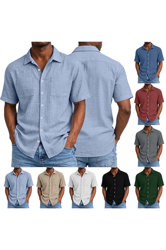 Button Up Shirt Men Big and Tall Soft Comfy Linen Cotton Tops Short Sleeve Business Casual Shirts Black M