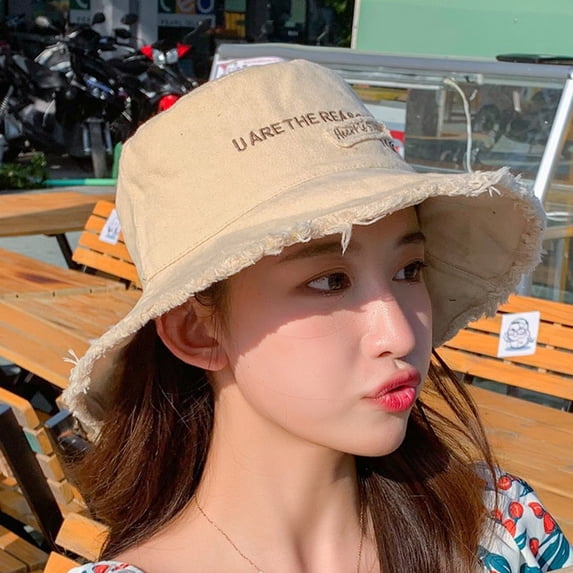 Pafei Tyugd Denim Bucket Hats for Women Summer Print UV Protection Beach Sun Hat with wide Brim for UnisexBeige