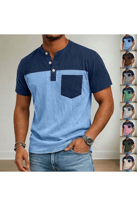Henley Shirts for Men Big and Tall Pocket T Shirt Color Block Cozy Short Sleeve Tshirts Fashion Clothing Beige M