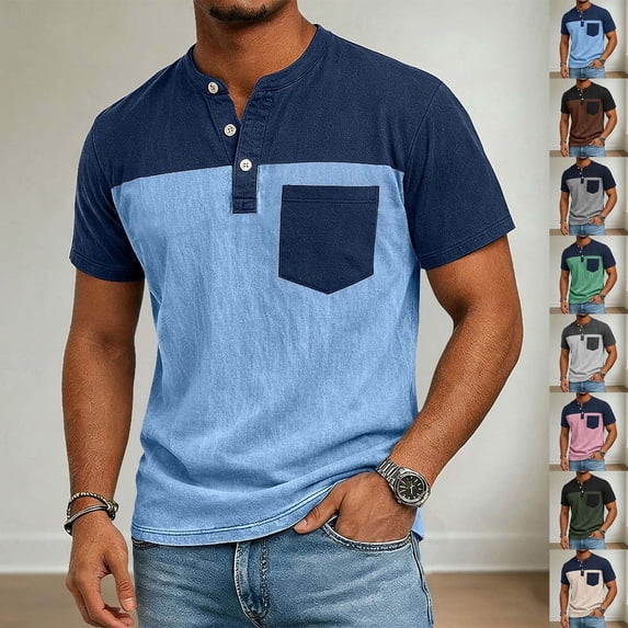 Pafei Tyugd Henley Shirts for Men Big and Tall Pocket T Shirt Color Block Cozy Short Sleeve Tshirts Fashion Clothing Gray M