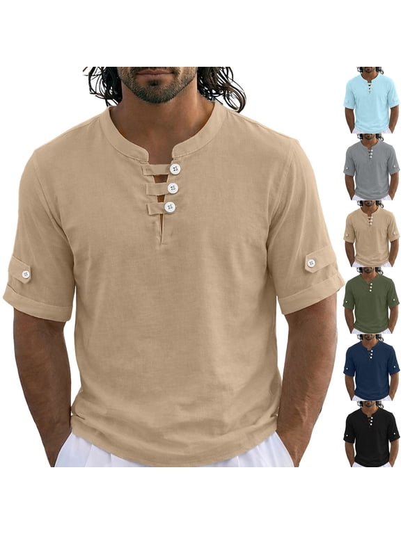 Linen Shirts for Men Short Sleeve Henley Neck T Shirts Brethable Casual Vacation Shirt for Beach Khaki M