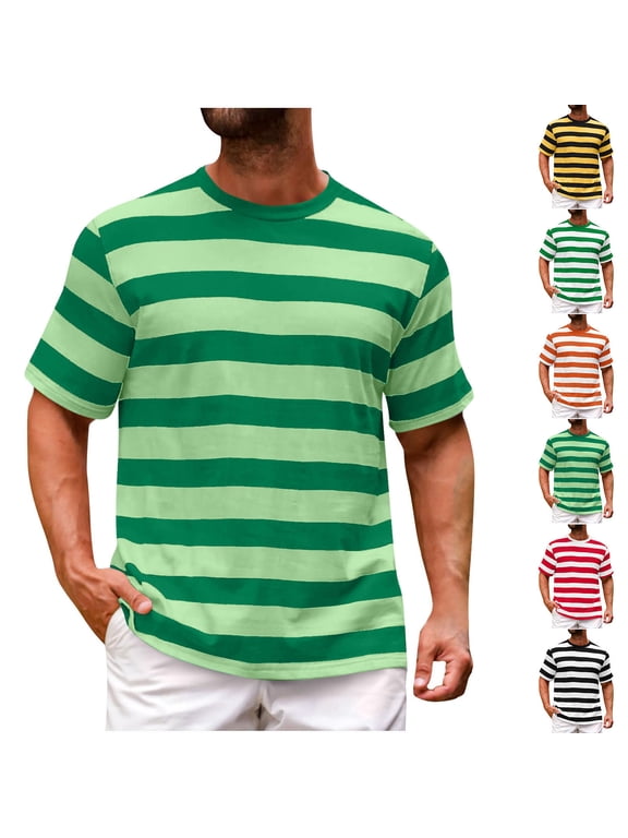 Men's T-shirts Striped Classic Short Sleeve Tshirts Casual Crewneck Color Block Basic Tees Fitted Everyday Green M