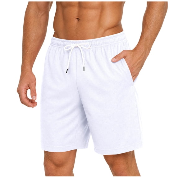 Pafei Tyugd Mens Mesh Shorts with Pockets 7 Inch Breathable Cozy Athletic Shorts Elastic Drawstring Waisted Workout Shorts for Summer White L