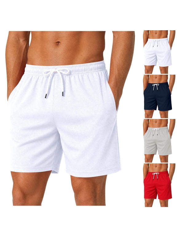 Mens Mesh Shorts with Pockets 7 Inch Breathable Cozy Athletic Shorts Elastic Drawstring Waisted Workout Shorts for Summer White M