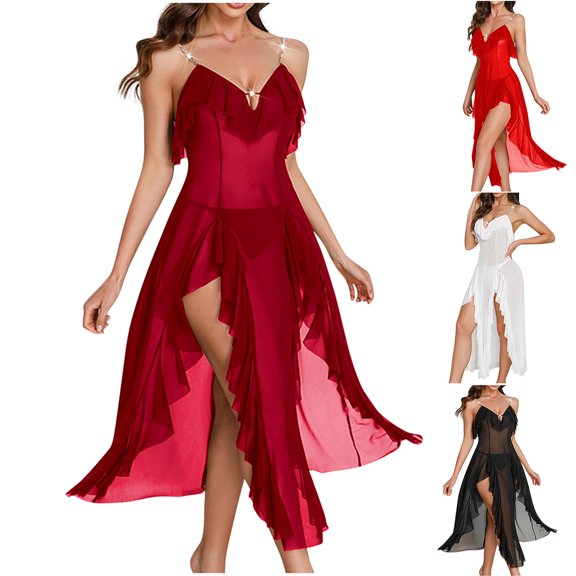 Pafei Tyugd Midi Nightgowns for Women Trendy Ruffle Trim Side Slit Lingerie Dress Lightweight Flowy Spaghetti Straps Slip Dress for Home Wine M