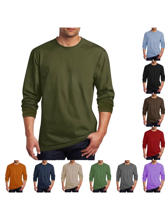 Plain Shirts for Men Big And Tall Lightweight Long Sleeve Workout Tshirts Soft Cozy Casual Crewneck Basic Tees Khaki L