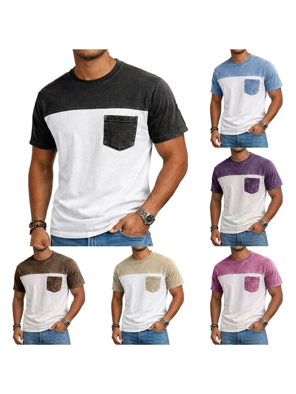 Pocket T Shirts for Men Moisture Wicking Lightweight Short Sleeve Tees Color Block Casual Crewneck Summer T-Shirt Light Blue M