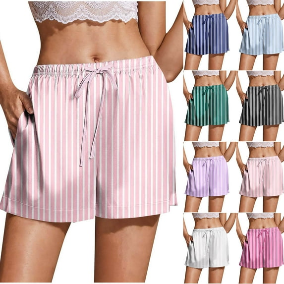 Pafei Tyugd Satin Pajama Shorts Women with Pockets Soft Stretch Drawstring Waisted Summer Sleep Bottoms Casual Striped Lounge Shorts Hot Pink M