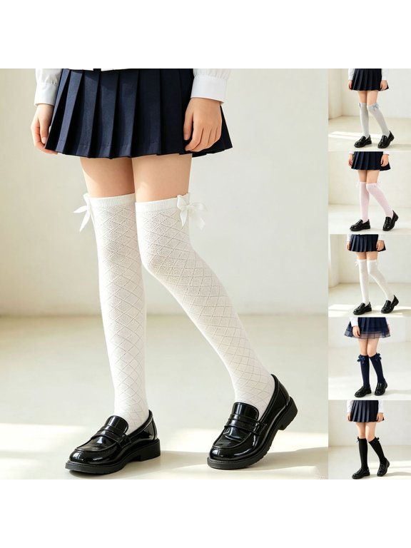 School Uniform Long Socks for Girls Size 3-8 Years Breathable Cozy Over the Knee Cotton Socks Knee High Socks with Bow Tie Navy