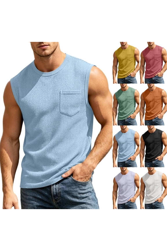 Tank Shirts for Men with Pocket Casual Crewneck Muscle Tank Tops Big and Tall Sleeveless Basic T-shirt Light Blue 2XL