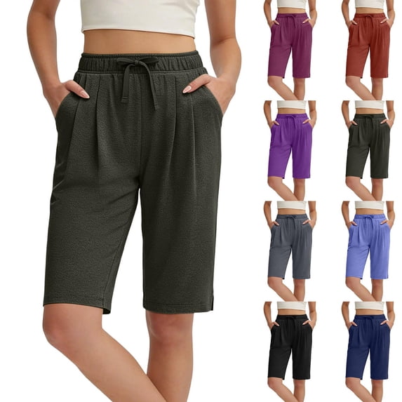 Pafei Tyugd Womens Bermuda Shorts with Pockets Cozy Soft Stretch Shorts Elastic Drawstring Summer Shorts Pull On Plus Size Casual Shorts Dark Gray L
