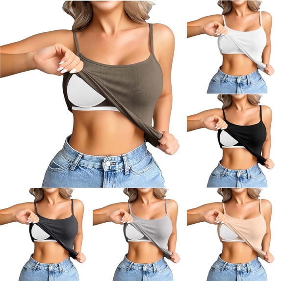 Pafei Tyugd Womens Built In Bra Tank Tops Casual Stretch Ribbed Camisoles Adjustable Spaghetti Straps Basic Summer Tees Slim Comfy Scoop Neck Fashion Clothing Beige L