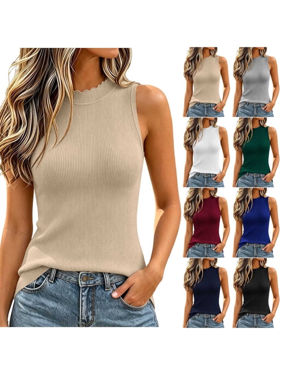Womens High Neck Tank Tops Ribbed Stretch Slim Fit Sleeveless Basic Tees Wave Trim Fashion Clothing Going Out Outfits Green L