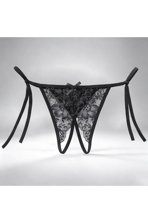 Womens Lace Thongs Trendy Tie Side Adjustable Panties Low Rise Mesh Sheer Underwear G String Thong Briefs Black Free Size