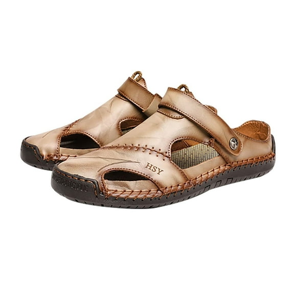 Pafei tyugd Men's Shoes Leather Outdoor Water Beach Sports Sandals, Closed Toe Khaki, Size 10