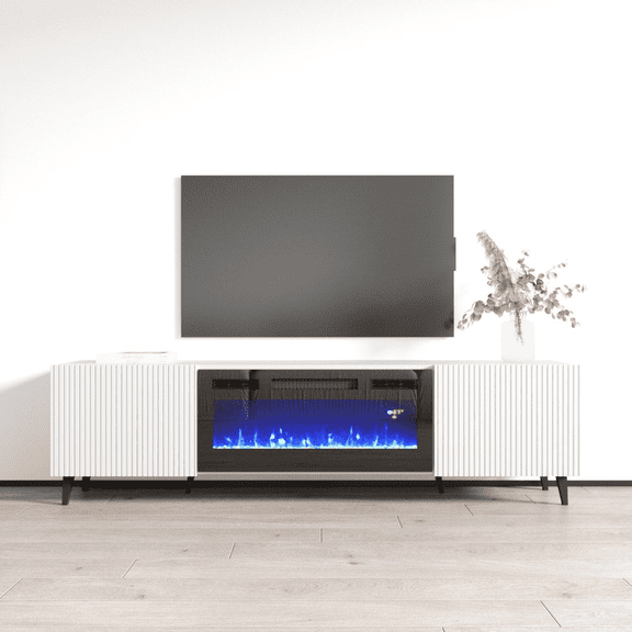 Pafos BL-EF Fireplace TV Stand for TVs up to 80", Modern Matte 71" Entertainment Center, Electric Fireplace TV Media Console with Storage Cabinets