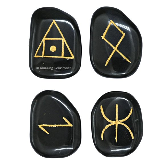 Pagan Wiccan Symbol Set of 4 Black Agate Stones for Wealth, Home, Passion & Travel Rituals and Spiritual Decor