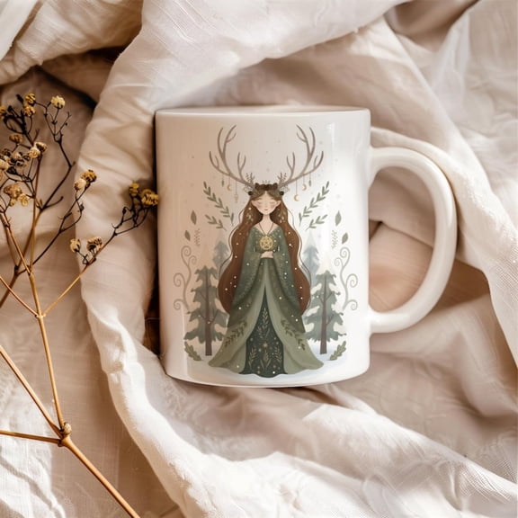 Pagan Yule Mug, Winter lstice Gift, Pentacle Goddess Cup, Antler Crown Art, Green Witch Gift, Snowy est Magic, Spiritual Dr.