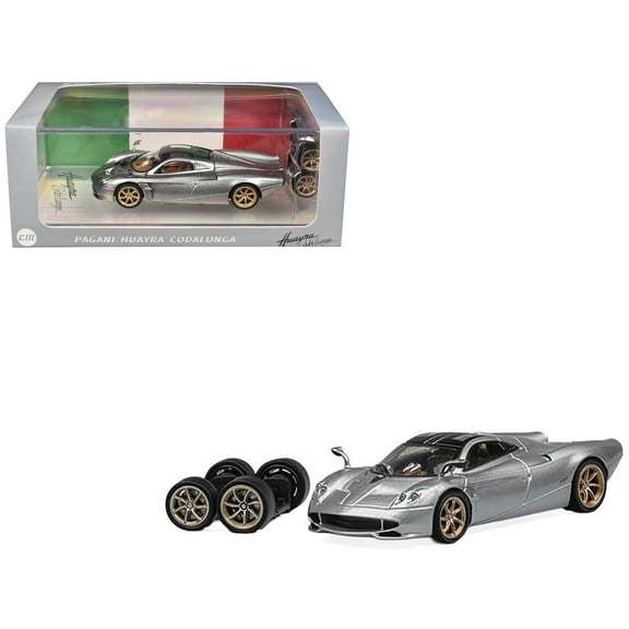 Pagani Huayra Codalunga Silver Metallic with Sunroof and Extra Wheels 1/64 Diecast Model Car by CM Model