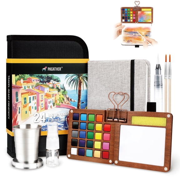 Pagather 24 Colors Mini Watercolor Travel Set, Portable Watercolor Kit with Water Brush, Pocket Size Painting Set for Beginners, Hobbyists & Artists