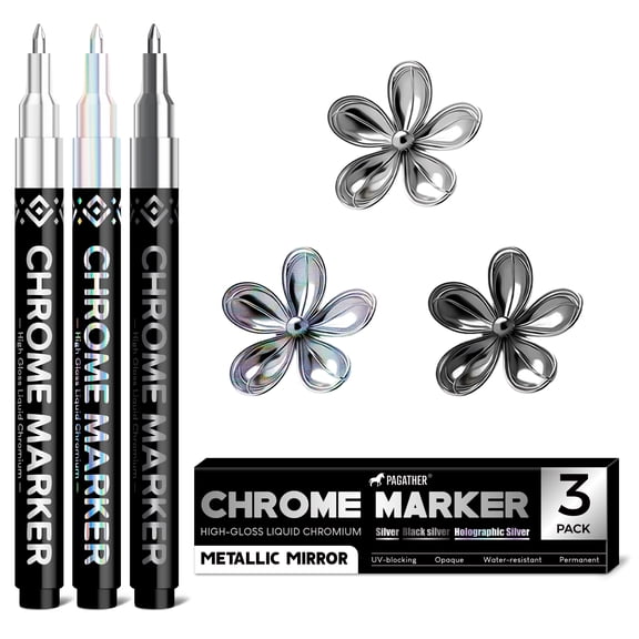Pagather 3 Colors Chrome Paint Markers, Light, Black and Laser Silver Permanent Mirror Liquid Chrome Pens for Plastic, Metal, Model, Jewelry, Wheel Painting, Touch Up & Repair Kit, DIY Art Projects