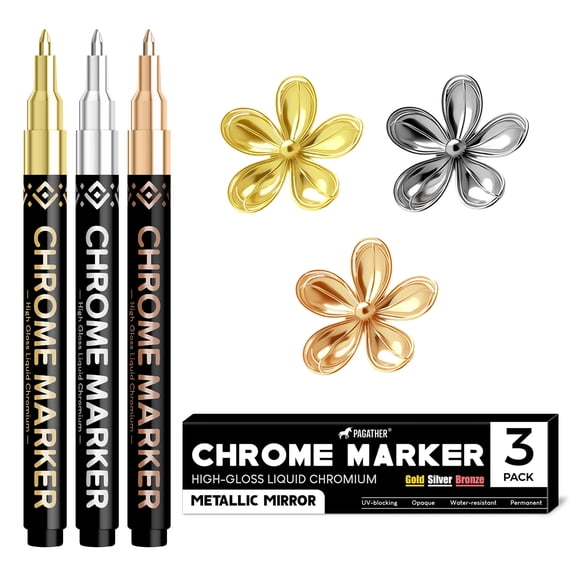 Pagather 3Pcs Chrome Paint Markers, Permanent Mirror Liquid Chrome Pens for Plastic, Metal, Model, Jewelry, Wheel Painting, Touch Up & Repair Kit, DIY Art Projects