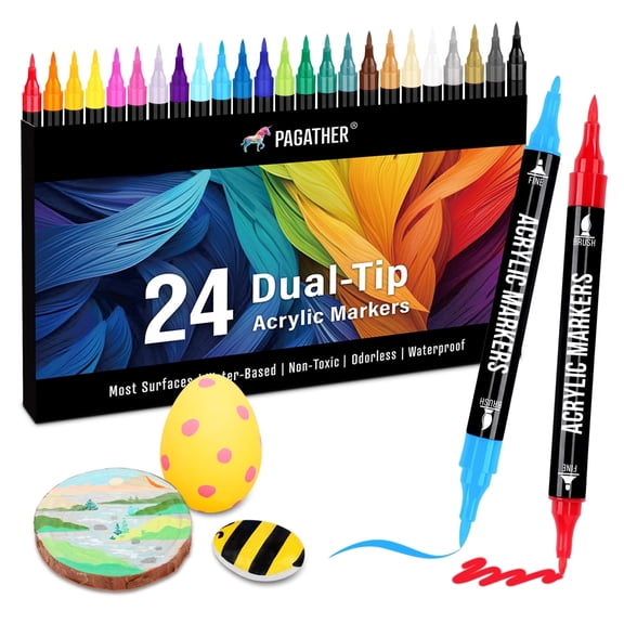 Pagather Acrylic Paint Art Markers, Fine and Brush Point, Assorted Colors, 24 Counts