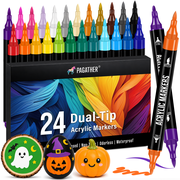 24 Colors Acrylic Paint Markers, Dual-Tip with Fine Tip and Brush Tip Pens for Stone, Wood, Calligraphy, Canvas, Ceramic, Metal, Glass, Rock Painting, and DIY C