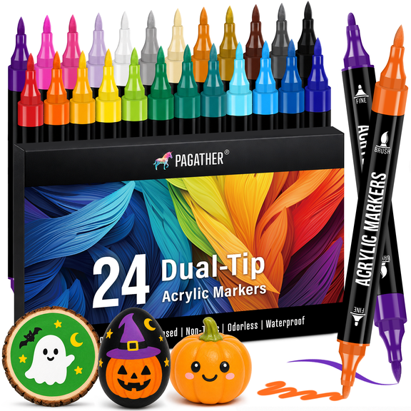 24 Colors Acrylic Paint Markers, Dual-Tip with Fine Tip and Brush Tip Pens for Stone, Wood, Calligraphy, Canvas, Ceramic, Metal, Glass, Rock Painting, and DIY Crafts
