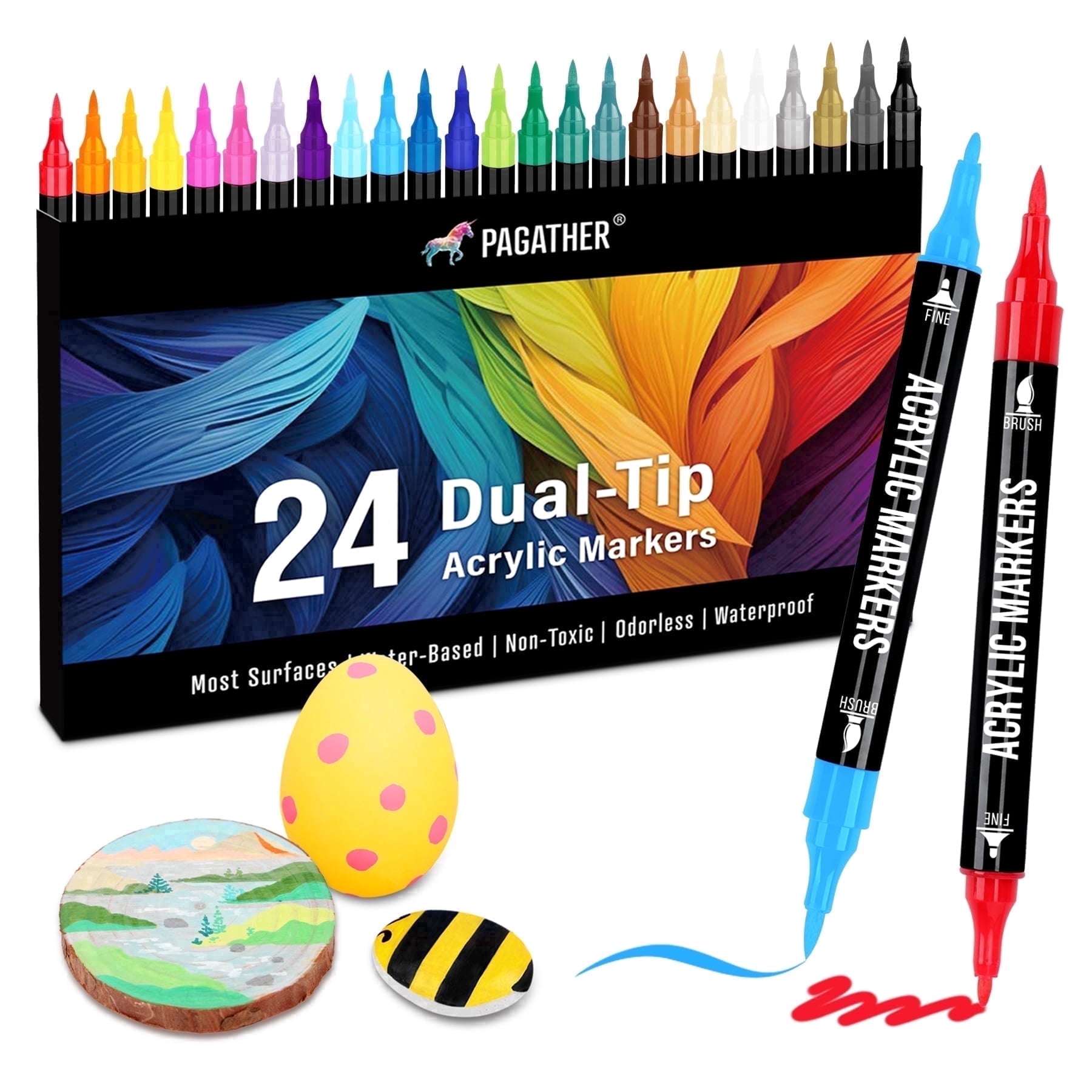 24 Colors Acrylic Paint Markers, Dual-Tip with Fine Tip and Brush Tip Pens for Stone, Wood, Calligraphy, Canvas, Ceramic, Metal, Glass, Rock Painting, and DIY Crafts