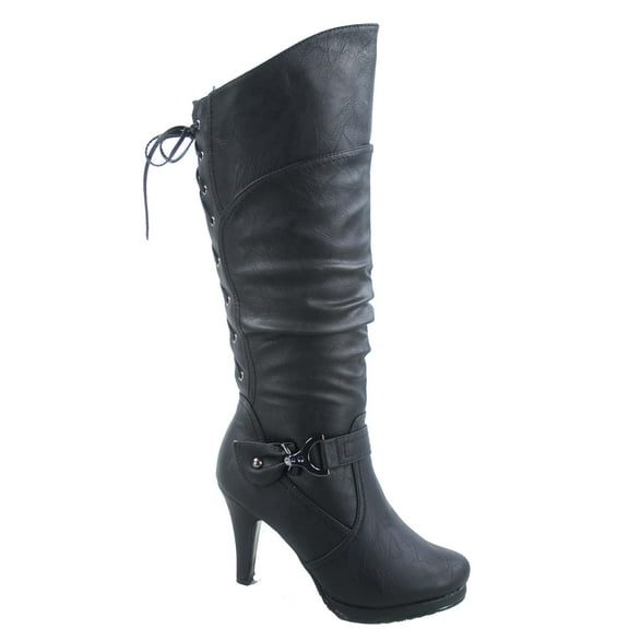 Page-65 Women's Back Lace Up Round Toe High Heel Platform Mid-Calf Knee High Boots ( Black, 6)