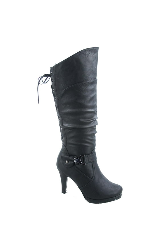 Page-65 Women's Back Lace Up Round Toe High Heel Platform Mid-Calf Knee High Boots ( Black, 8)
