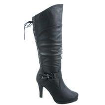 Page-65 Women's Back Lace Up Round Toe High Heel Platform Mid-Calf Knee High Boots ( Black, 9)