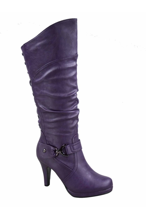 Page-65 Women's Back Lace Up Round Toe High Heel Platform Mid-Calf Knee High Boots ( Purple, 11)