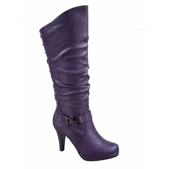 Page-65 Women's Back Lace Up Round Toe High Heel Platform Mid-Calf Knee High Boots ( Purple, 5)